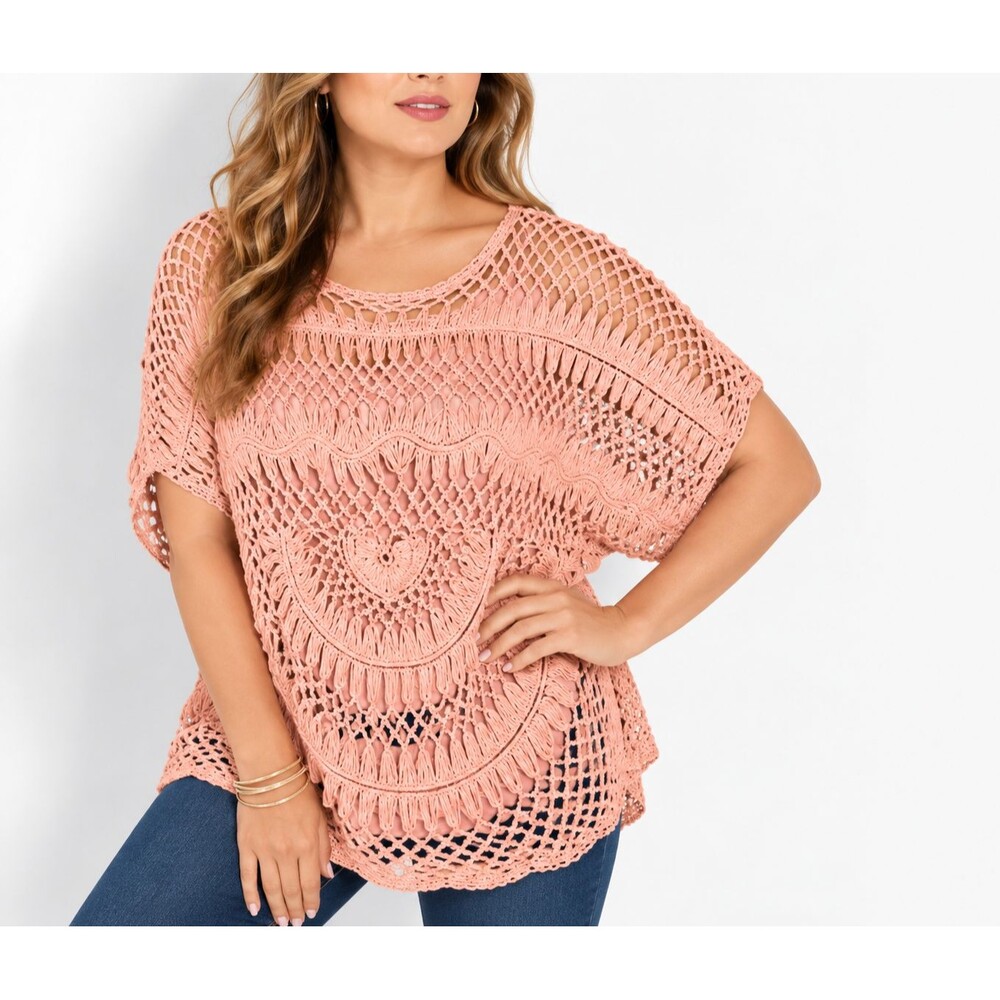 Roaman's Crochet Tunic Top Plus 18/20 Rose Pink Boho Open Knit Sweater
